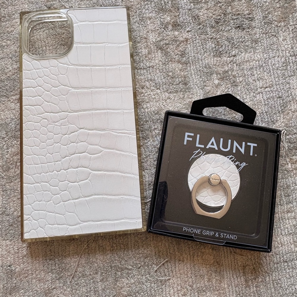 Flaunt White Crocodile Faux Leather iPhone 15 Plus Case & Matching Ring Stand - Picture 3 of 4